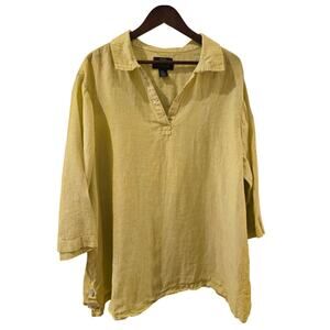 Tahari 100% Linen V-Neck Collared 3/4 Bell Sleeve Yellow Tunic Blouse 3X
